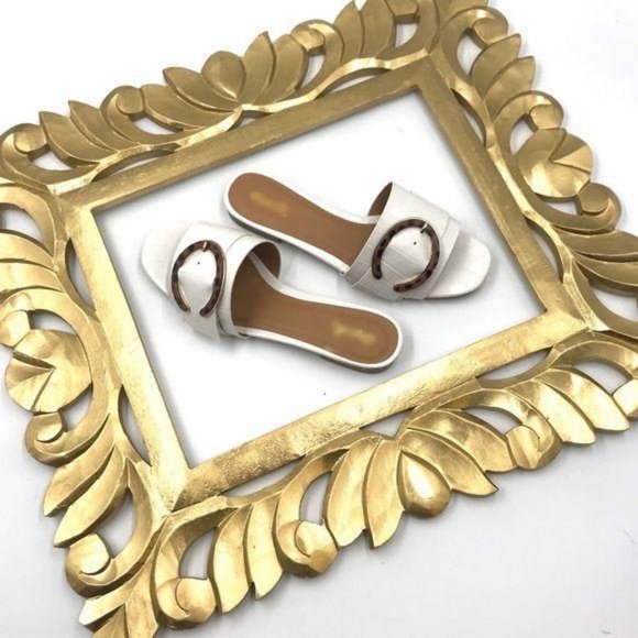 White Croc Slides with Tortoise Shell Buckle - Picture 6 of 8